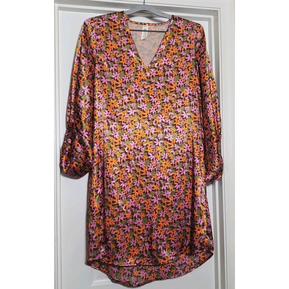 Ivy Jane Uncle Frank Satin Floral V Neck Dress Small Retro‎ 70s Balloon Sleeve